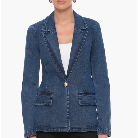 Bagatelle Denim Blazer WMNS M Dark Wash One Button Tailored Stretch Notch Collar - Picture 1 of 14